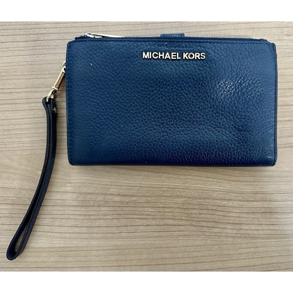 Michael Kors Wallet Double Zip Wristlet Blue Pebbled Leather